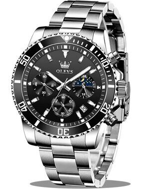 Mens Silver And Black Stainless Steel Luxury Chronograph Analog Waterproof Watch